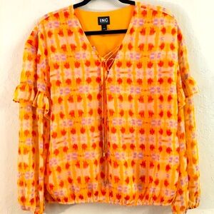 INC Long Sleeve Blouse Large Tie Dye Orange Oversized Boxy Fit Relaxed Colorful